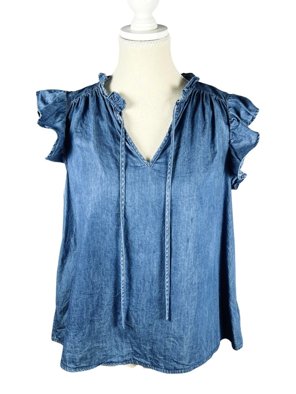 Chambray Flutter Sleeve Peasant Top Tassel Tie Boho Coastal XS